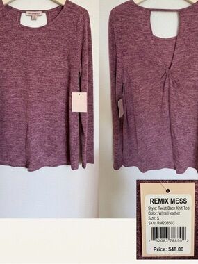 Remixmess Twist Back Knit Top in Wine Heather - NWT